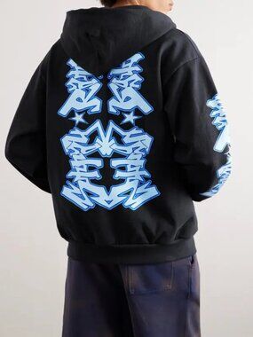 Stray Rats Grafflection Logo-Print Cotton-Jersey Zip-Up Hoodie in Blue